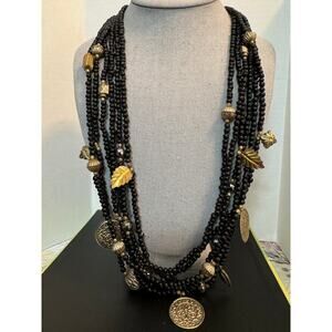 Black Beaded Bohemian Necklace Gold & Silver Coins, Stars, Leaves, Barrel Shapes